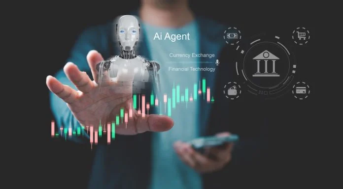 Why Agentic AI Is No Longer a Nice-to-Have in Financial Services CLM Close up businessman interacting with AI agent and financial technology interface with stock chart and banking icons, representing fintech automation, currency exchange and intelligent trading system.