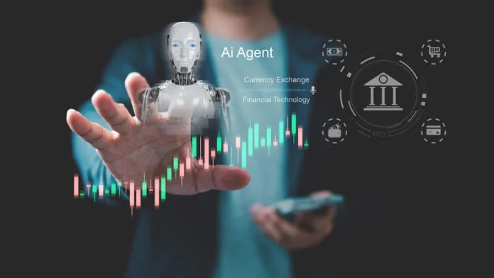 Close up businessman interacting with AI agent and financial technology interface with stock chart and banking icons, representing fintech automation, currency exchange and intelligent trading system. Close up businessman interacting with AI agent and financial technology interface with stock chart and banking icons, representing fintech automation, currency exchange and intelligent trading system.
