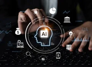 This image illustrates the concept of digital transformation with artificial intelligence and data analysis, showcasing various icons symbolizing innovation, finance, and security.