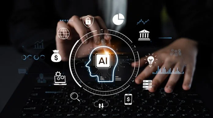 The Real AI Bottleneck is Organizational Flexibility This image illustrates the concept of digital transformation with artificial intelligence and data analysis, showcasing various icons symbolizing innovation, finance, and security.