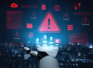 A futuristic robot hand extends towards a series of digital alerts and warning symbols in a high-tech cybersecurity setting, symbolizing advanced technology and information management. AI Projects Fail concept