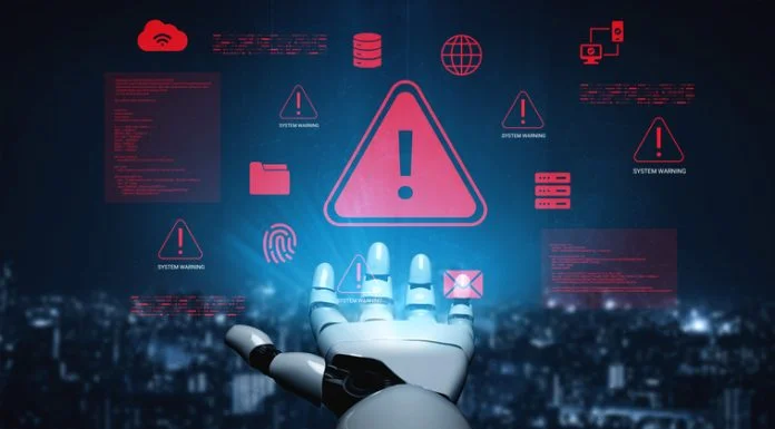 A futuristic robot hand extends towards a series of digital alerts and warning symbols in a high-tech cybersecurity setting, symbolizing advanced technology and information management. AI Projects Fail concept