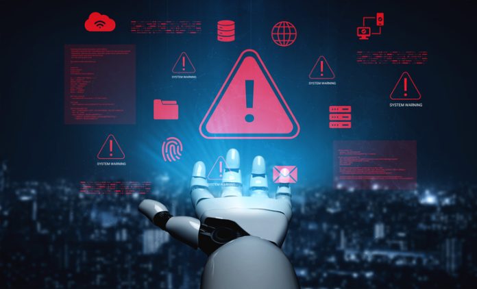 A futuristic robot hand extends towards a series of digital alerts and warning symbols in a high-tech cybersecurity setting, symbolizing advanced technology and information management. AI Projects Fail concept