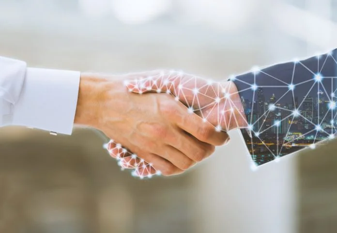 Business man handshake and network connection graphic contract intelligence