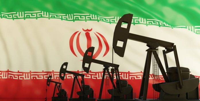Oil and gas industry in Iran. Pumpjack drilling on flag background. 3d render energy flexibility