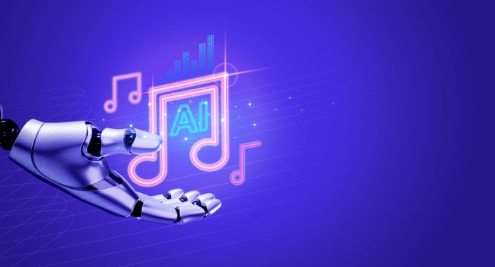 AI generated music concept. Notes icon on robot humanoid hand on blue background with copy space, AI music generator technology, create a song by artificial intelligence. MusicGPT review 2026