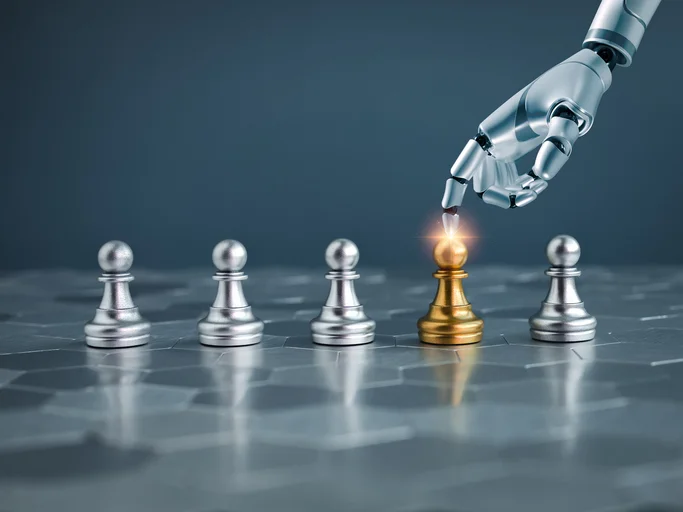 Robot hand pointing on golden pawn chess piece from the group of silver pawn chess pieces on hexagon pattern floor, blue background, stand out from the crowd. Leadership, Unique, difference concept. AI leadership