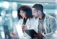 Why the Next Frontier in Healthcare May Be Getting More From Every Molecule Science, teamwork and laptop with laughing in laboratory for communication, pharmaceutical review or planning. Employees, collaboration and technology for research, discussion and digital analysis. Molecule in Healthcare.
