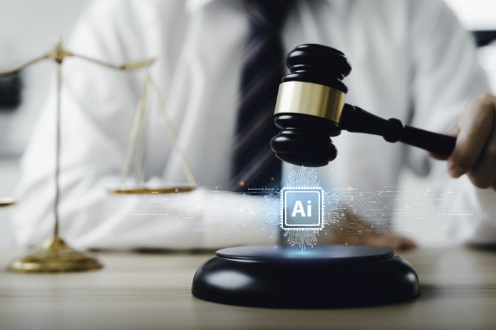 AI law and ethics and legal concepts artificial intelligence law and online technology of legal regulations Controlling artificial intelligence technology is a risk. Judicial gavel and law icon AI Regulation