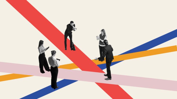 Employees standing on multicolored lines, engaged in discussions and debates, symbolizing dynamic exchange of ideas. Contemporary art collage. personalized brand culture