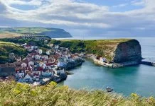 An elevated view of Staithes, an historic traditional British fishing village in North Yorkshire, England.
