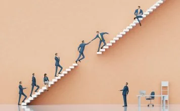 Businessman jumping between platforms in order to get the better professional position