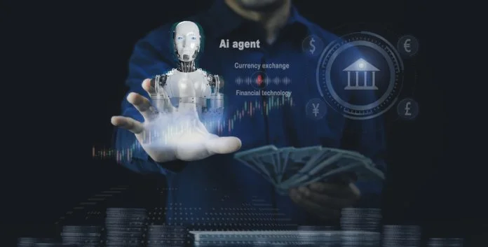 AI agents concept. Businessmen use Artificial intelligence to help Foreign currency exchange, Global currency money transfer, Digital banking networks, internet payment financial technology AI decision debt