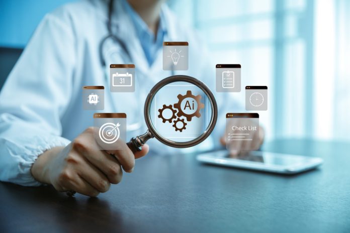 Doctor holding magnifying glass with AI icons, checklist and medical technology interface, symbolizing artificial intelligence in healthcare, smart research, data analysis and innovation. checklist Healthcare Revenue Cycles