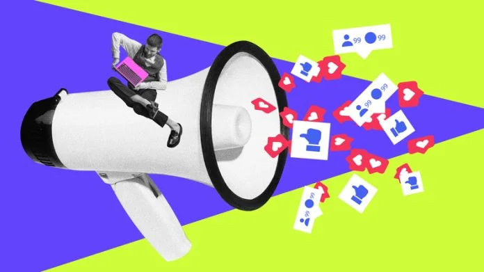 Digital artwork. Man sitting on huge megaphone with like icons flying out. social media content go viral