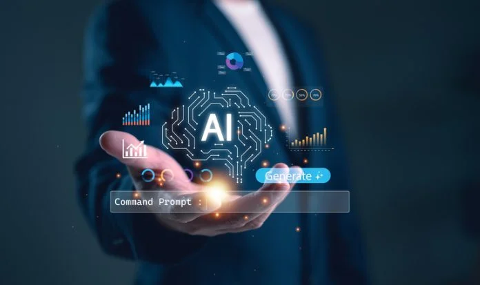 Businessman presenting AI technology with data analytics, charts, and innovation concepts for business growth and digital transformation in a modern futuristic environment. AI