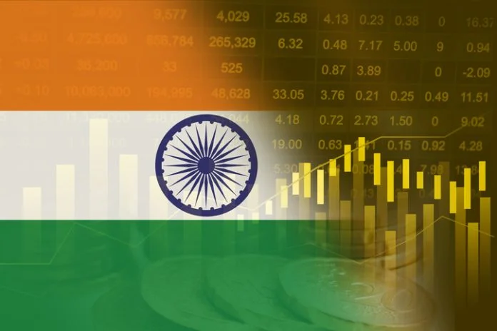 India flag on stock investment trading with coin and graph. India Data