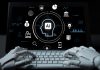 A striking visual of robotic hands interacting with a digital tablet showcasing artificial intelligence concepts. Innovative technology and modern design merge seamlessly. AI concentration concept