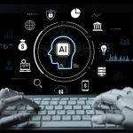A striking visual of robotic hands interacting with a digital tablet showcasing artificial intelligence concepts. Innovative technology and modern design merge seamlessly. AI concentration concept