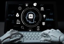 AI (May Be) No Hype and Concentrating A striking visual of robotic hands interacting with a digital tablet showcasing artificial intelligence concepts. Innovative technology and modern design merge seamlessly. AI concentration concept