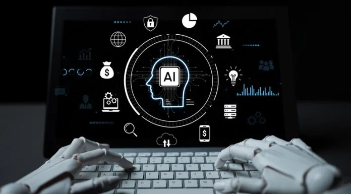 AI (May Be) No Hype and Concentrating A striking visual of robotic hands interacting with a digital tablet showcasing artificial intelligence concepts. Innovative technology and modern design merge seamlessly. AI concentration concept