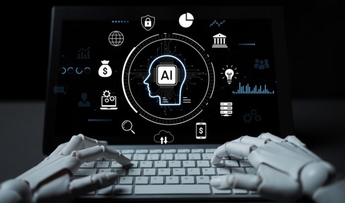 Concept of Artificial Intelligence with Robotic Hands and Modern Technology A striking visual of robotic hands interacting with a digital tablet showcasing artificial intelligence concepts. Innovative technology and modern design merge seamlessly. AI concentration concept