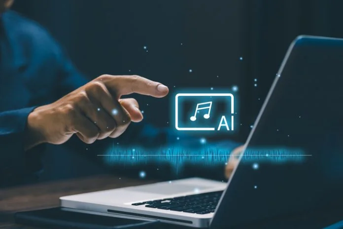 AI music generation concept with digital audio waveform and intelligent interface. Artificial intelligence for music creation, audio processing, sound technology and creative innovation. Music Converter software