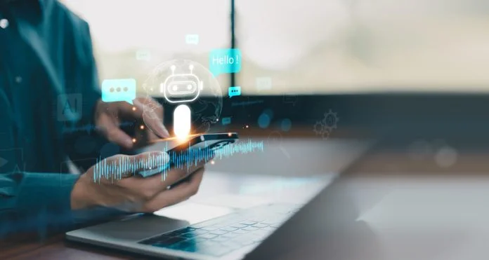 AI chatbot assistant concept with smartphone, voice recognition, conversational interface, machine learning, and digital communication. Smart automation technology enhancing customer support and conversational commerce