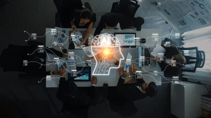 Diverse Team Engaged in High-Tech Brainstorming Session with Digital Data Visualization and Innovative Ideas in Modern Office Environment. Raster AI changed the enterprise