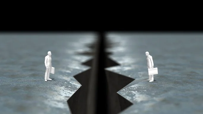 3D illustration of cliff with figures arranged. Crisis of Insularity concept