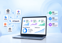 How to Measure AI Search Visibility: The New KPIs for SEO, GEO, and AEO AI search visibility dashboard showing SEO, GEO, and AEO performance metrics across AI platforms.