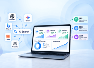 How to Measure AI Search Visibility: The New KPIs for SEO, GEO, and AEO AI search visibility dashboard showing SEO, GEO, and AEO performance metrics across AI platforms.