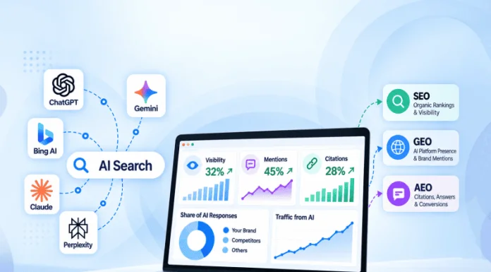 How to Measure AI Search Visibility: The New KPIs for SEO, GEO, and AEO AI search visibility dashboard showing SEO, GEO, and AEO performance metrics across AI platforms.