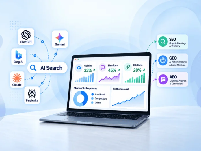 AI search visibility dashboard showing SEO, GEO, and AEO performance metrics across AI platforms.