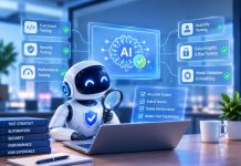 AI-powered QA robot testing an AI application for functionality, security, performance, usability, data integrity, and model reliability.