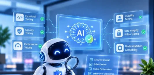 AI-powered QA robot testing an AI application for functionality, security, performance, usability, data integrity, and model reliability.