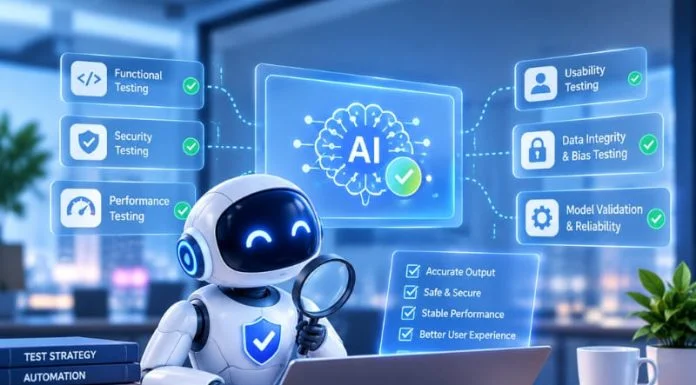 The Role of QA in Developing Reliable AI Applications AI-powered QA robot testing an AI application for functionality, security, performance, usability, data integrity, and model reliability.