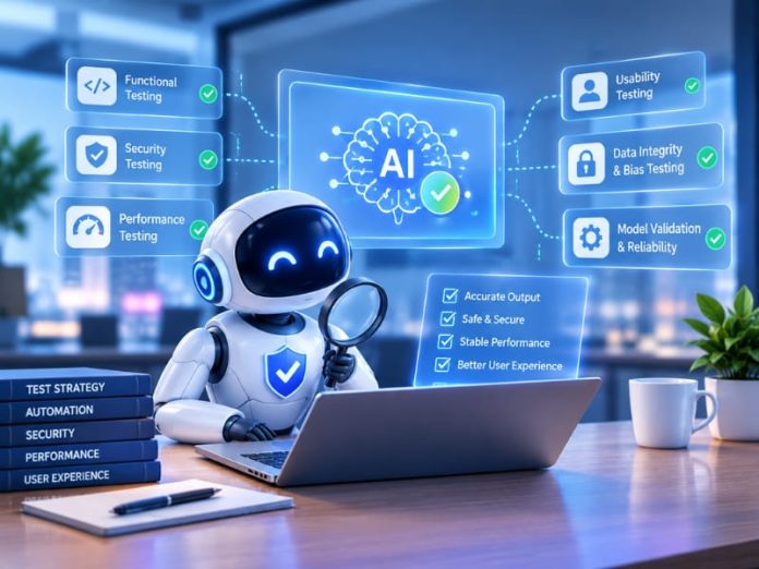 AI-powered QA robot testing an AI application for functionality, security, performance, usability, data integrity, and model reliability.