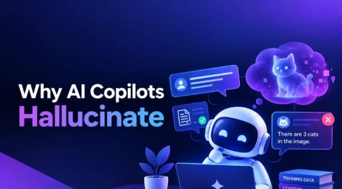 Why AI Copilots Hallucinate: The Architecture Mistakes Behind Wrong Answers AI copilot hallucination caused by architecture issues, showing an AI assistant generating incorrect answers from prompts, context, and training data.