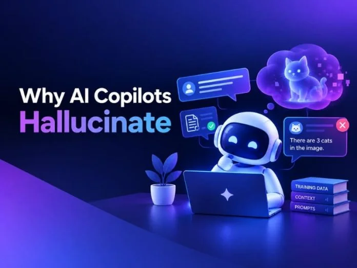 AI copilot hallucination caused by architecture issues, showing an AI assistant generating incorrect answers from prompts, context, and training data.