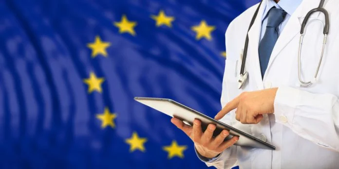 Doctor on EU flag background. 3d illustration European HealthTech