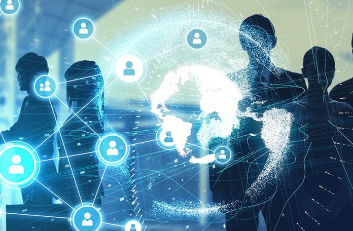 Global communication network concept. Group of workers. AI and team performance