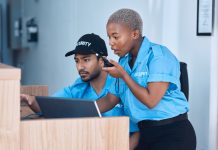 Top Security Guard Companies in Los Angeles: What Businesses Should Look For Security guards, communication and police team use a walkie talkie or radio for an emergency or criminal investigation.