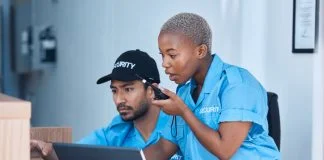 Top Security Guard Companies in Los Angeles: What Businesses Should Look For Security guards, communication and police team use a walkie talkie or radio for an emergency or criminal investigation.