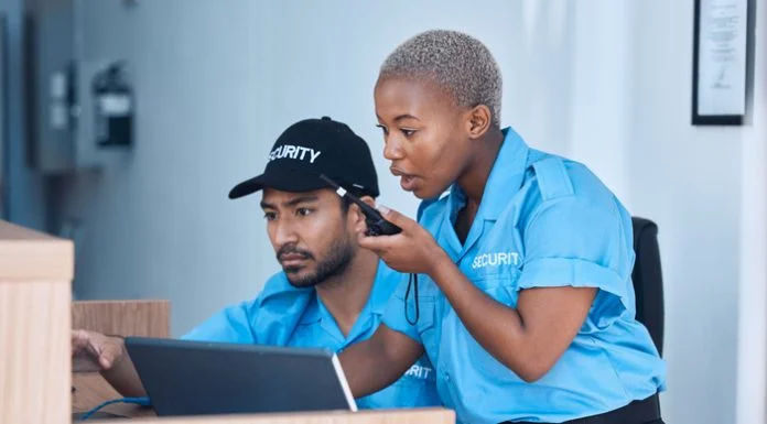 Security guards, communication and police team use a walkie talkie or radio for an emergency or criminal investigation.
