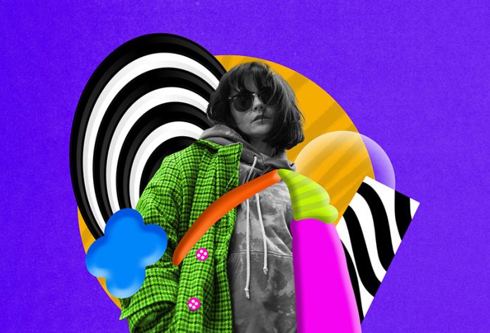 Young woman in colorful streetwear reflecting her vibrant personality and passion for modern fashion Contemporary art collage. fashion as non-verbal communication