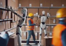 People and physical AI robots working together in a distribution warehouse, automation and industry concept