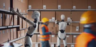People and physical AI robots working together in a distribution warehouse, automation and industry concept
