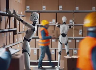 People and physical AI robots working together in a distribution warehouse, automation and industry concept