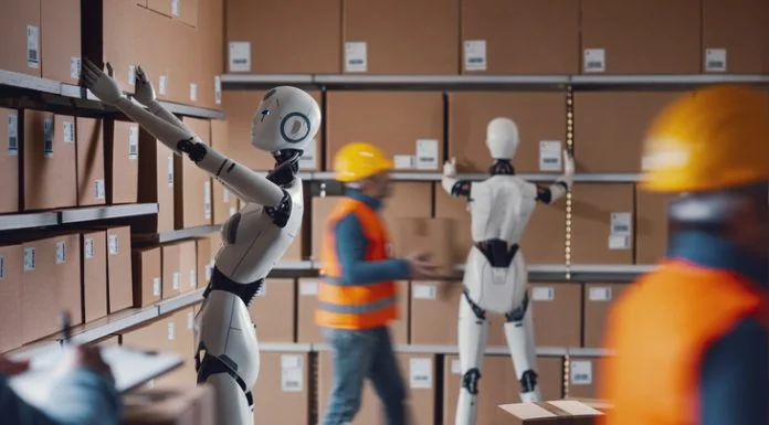People and physical AI robots working together in a distribution warehouse, automation and industry concept